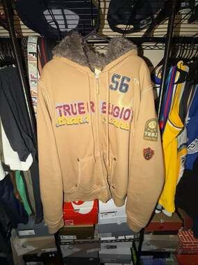 True Religion Brand Jeans Faux Fur Lined Tan Zip Up Hoodie Jacket